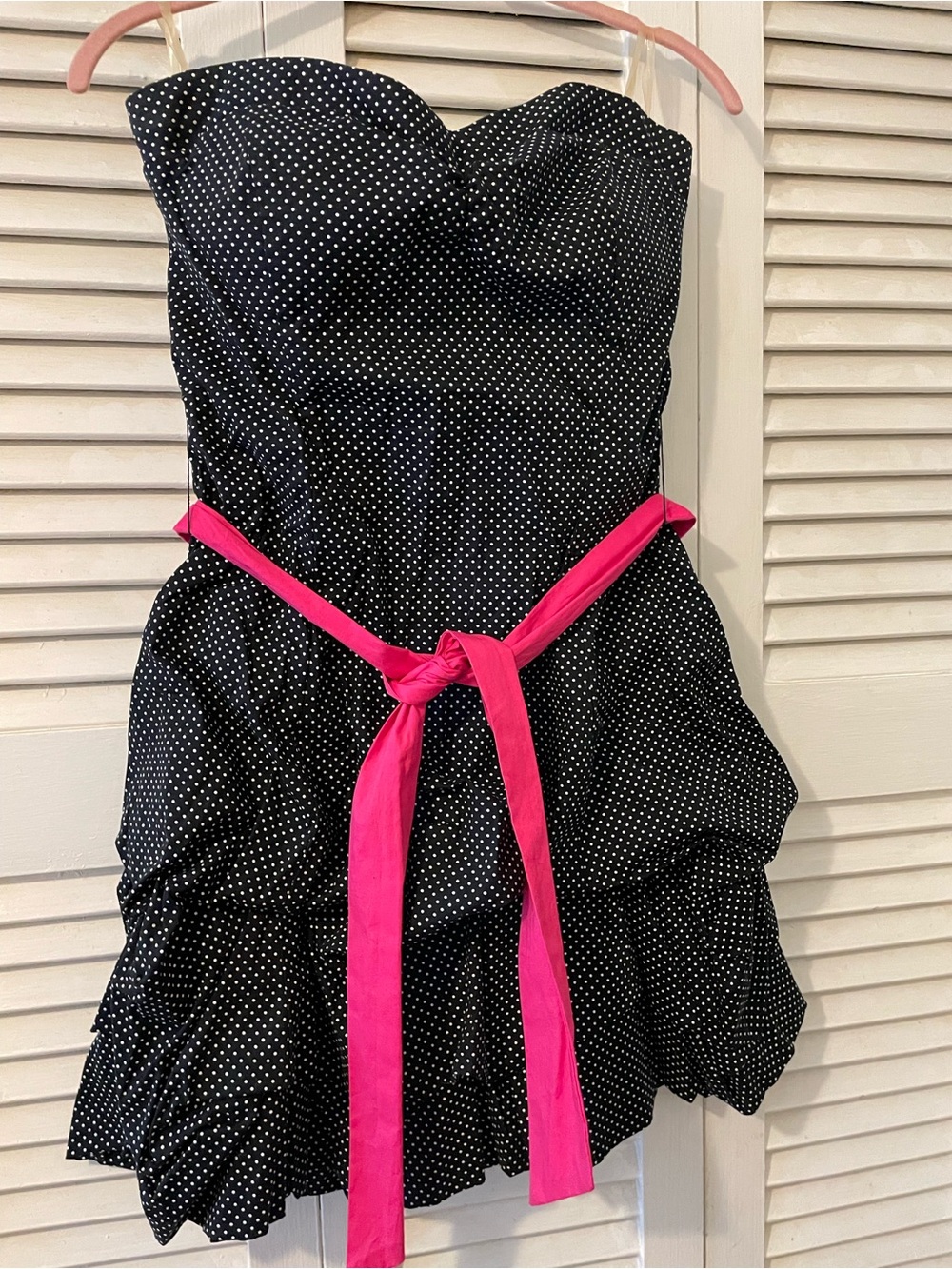 Women’s size 13 retro Black Polka Dot Strapless Dress with Hot Pink Sash